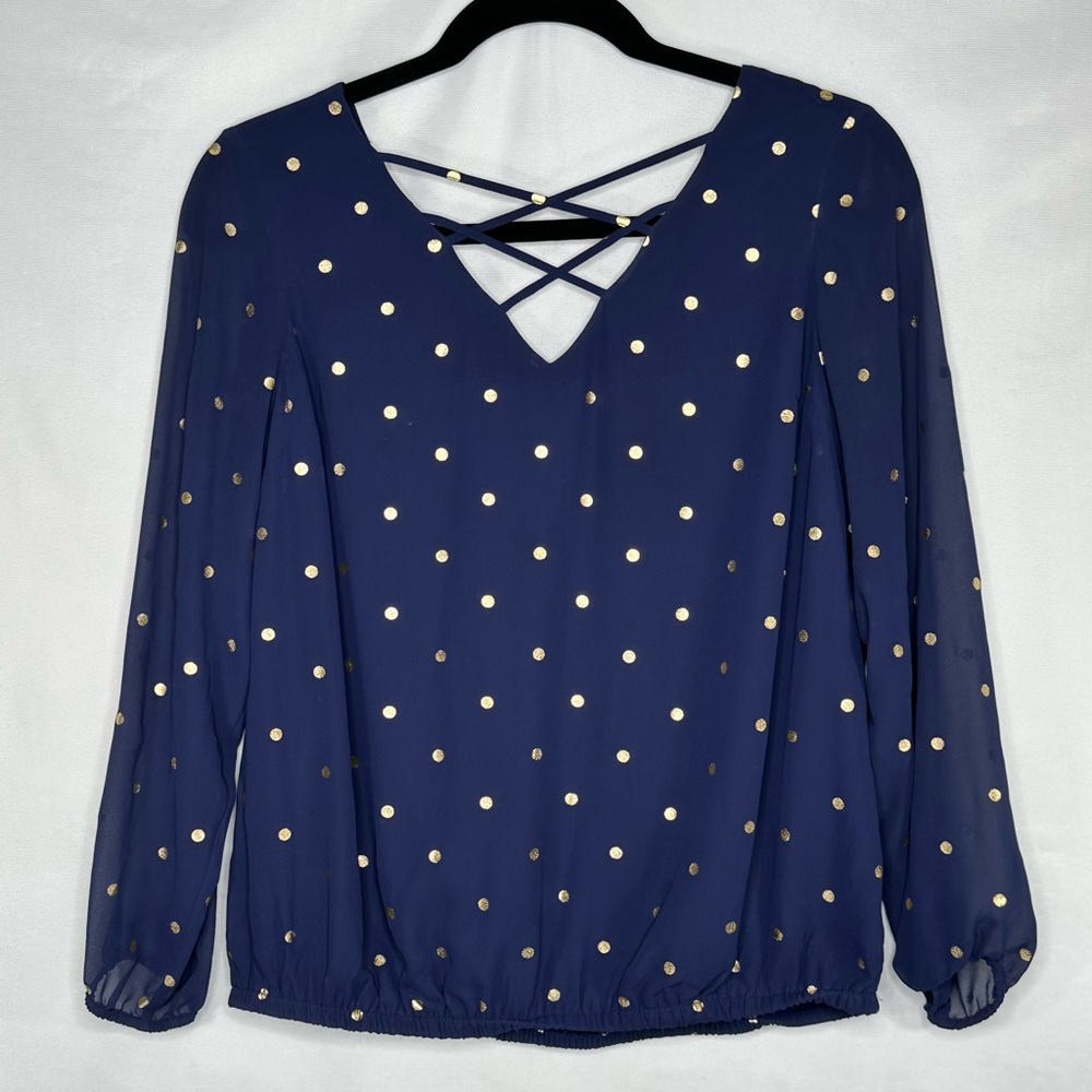 Navy‎ Blue Blouse Metallic Gold Polka Dot Women's Top Chiffon Lattice  Sz 1X